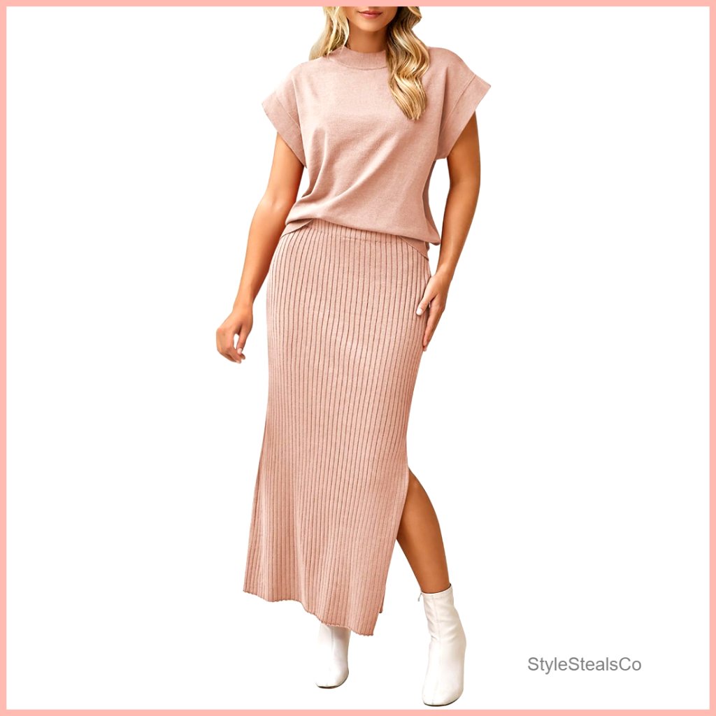 Knit Sweater Set With Maxi Skirt, Cap Sleeve Top, Bodycon Fit